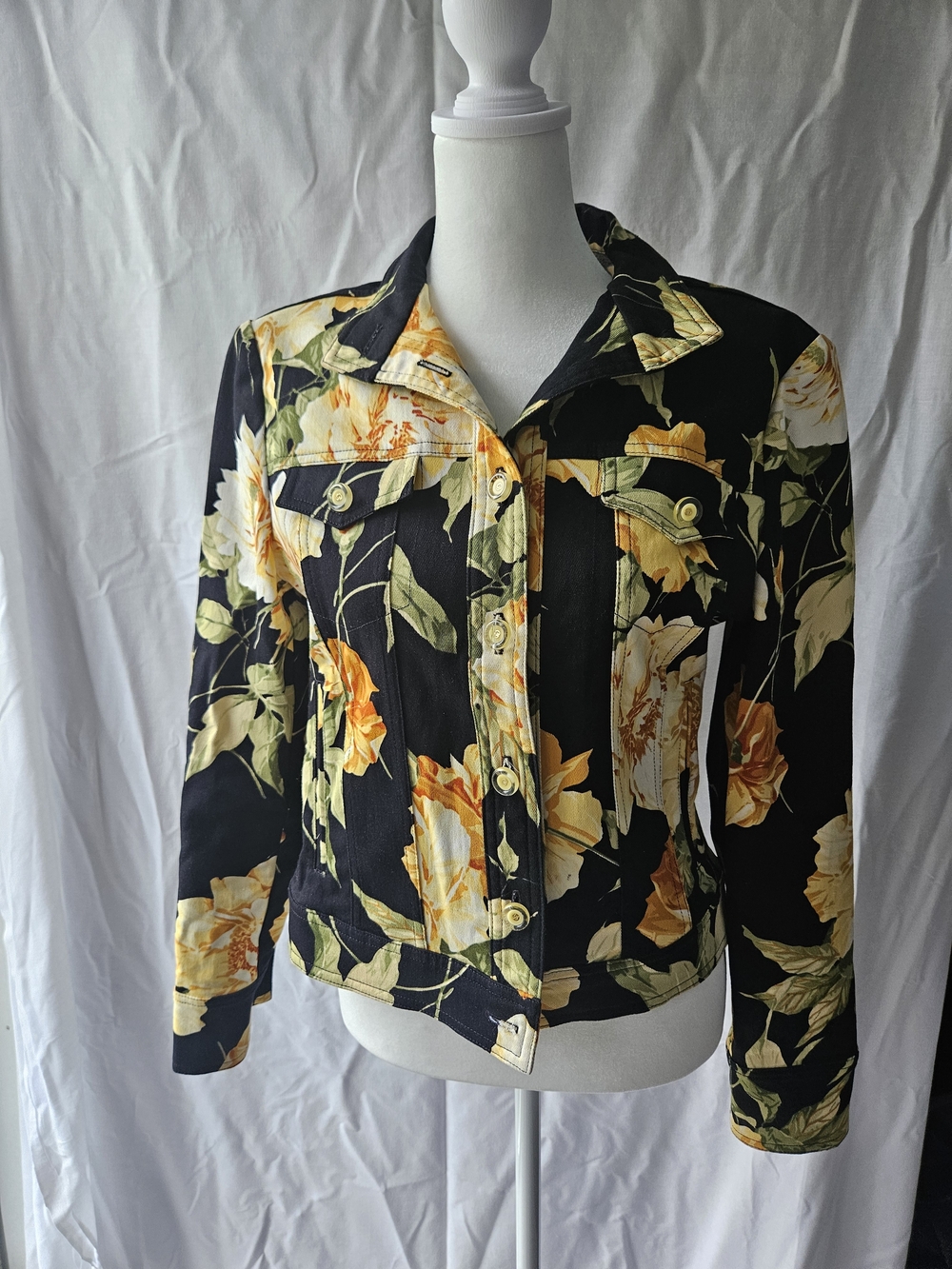 ST.John Sport by Marie Gray Black Floral Jean Jacket with Yellow Roses
